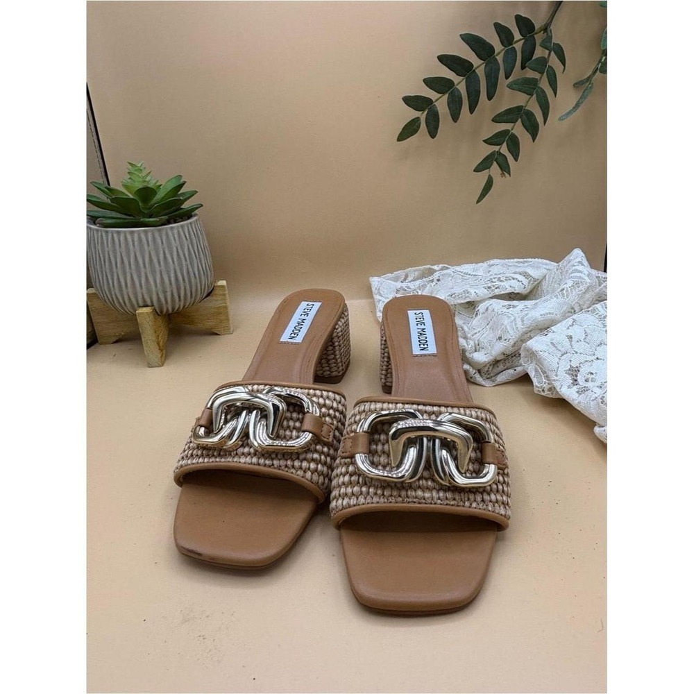 Steve Madden Woven Tan Slide Sandals Silver Chain Block Heel Womens 7